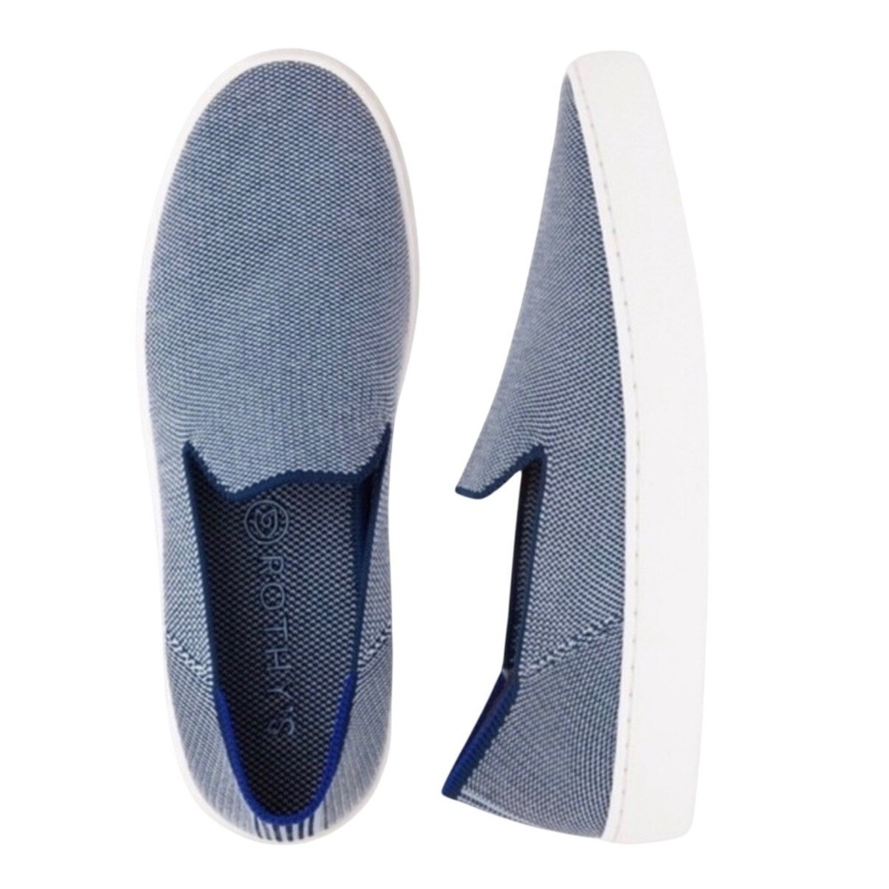 Rothys The Sneaker Blue White Knit Slip On Shoes Womens Size 7 Maritime